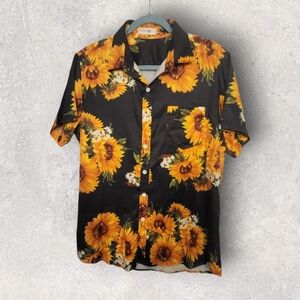 Sunflower Floral Print Men's Short Sleeve Button Up Shirt - Black and Yellow